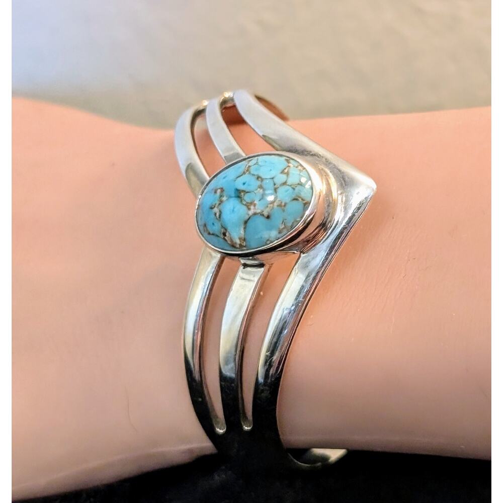 Taxco Mexico 925 Sterling Silver Triple Split V Band Turquoise Cuff Bracelet